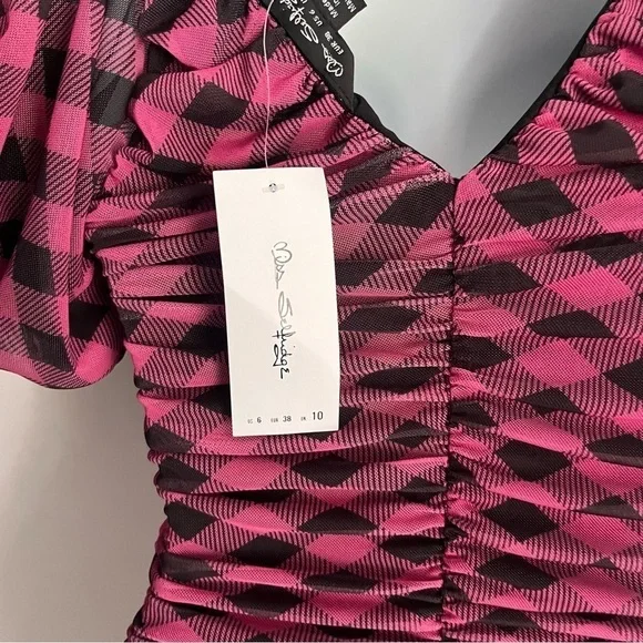 Miss Selfridge Pink Checkered Mesh Fit And Flare Dress 6 - Picture 12 of 16